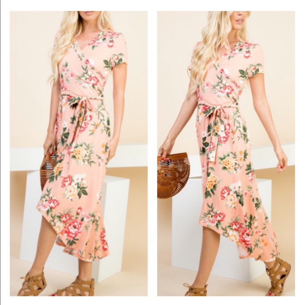 Peach Floral High Low Wrap Dress